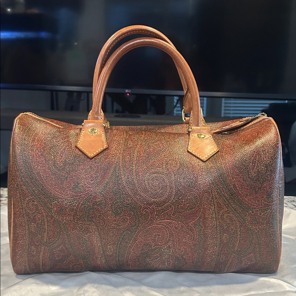 Etro Brown Paisley Leather-Trim Top handle Boston bag EUC